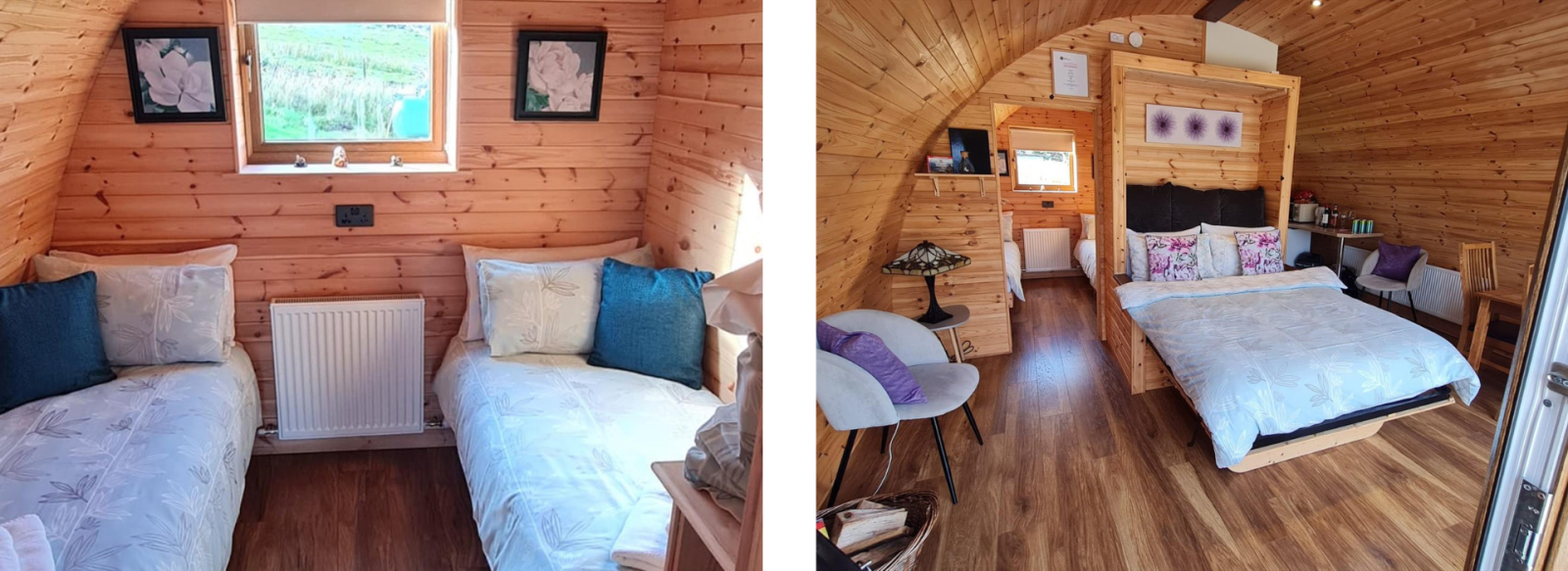 inside of pods, showing 1 double room and 1 wih 2 single beds.